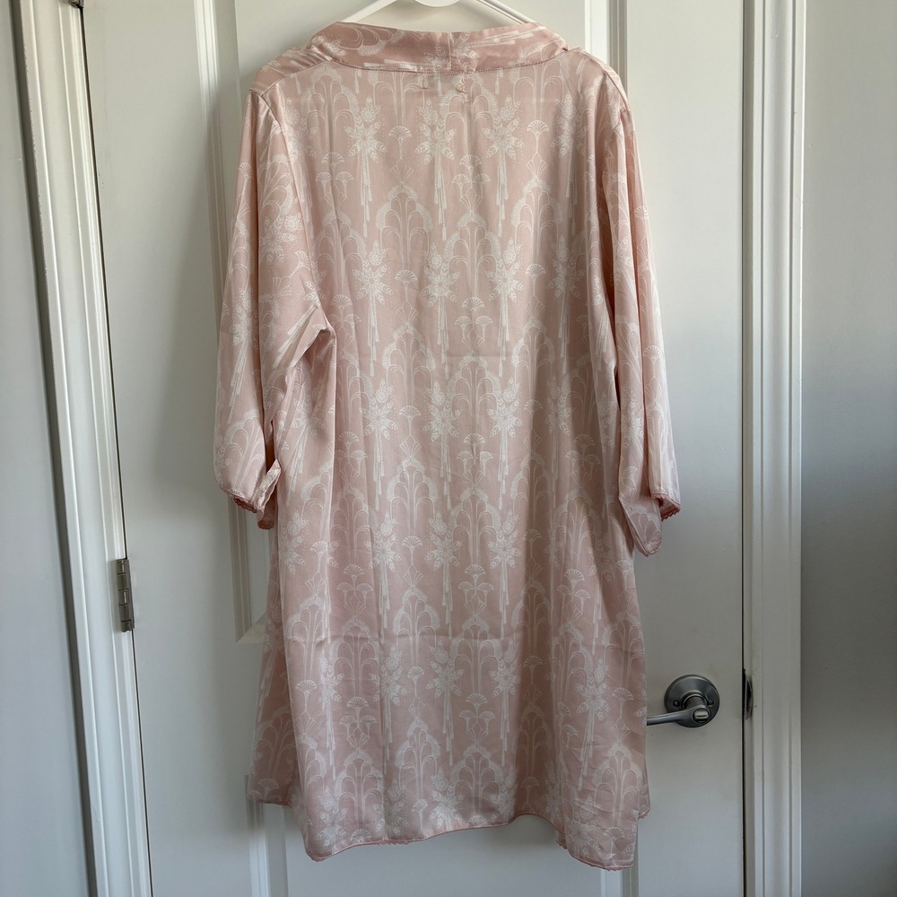 World Market Pink Kimono Robe Lace Trim Art Deco Palm Print 0/S NO BELT - Picture 5 of 5